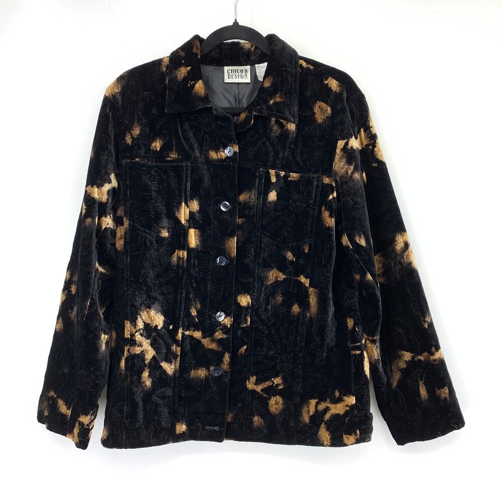 Chicos Design Button Front Long Sleeve Jacket Womens 1 US M Black Brown Velvet